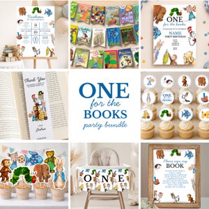 May include: A party bundle featuring storybook-themed decorations including a milestone poster, book-shaped bunting, invitations, bookmarks, cupcake toppers, cake toppers, a high chair banner, and a sign, all decorated with classic children's book characters.