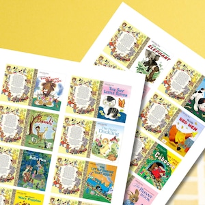 Op de afbeelding: Een verzameling vintage kinderboekcovers, met titels als "The Poky Little Puppy", "The Fuzzy Duckling" en "The Little Engine That Could". De covers tonen kleurrijke illustraties en klassieke boektitels, met een gele achtergrond.