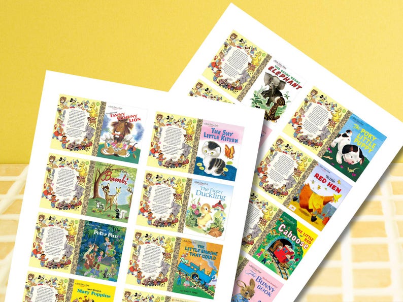 Op de afbeelding: Een verzameling vintage kinderboekcovers, met titels als "The Poky Little Puppy", "The Fuzzy Duckling" en "The Little Engine That Could". De covers tonen kleurrijke illustraties en klassieke boektitels, met een gele achtergrond.