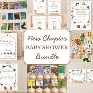 May include: A baby shower stationery bundle featuring storybook-themed illustrations, including a banner, invitation cards, thank you tags, cupcake toppers, and signs with text like New Chapter Baby Shower Bundle and A New Chapter Begins.