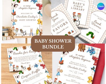 Babyparty-Set im Märchenstil, bearbeitbare Einladung, Willkommensschild (Canva-Vorlage)