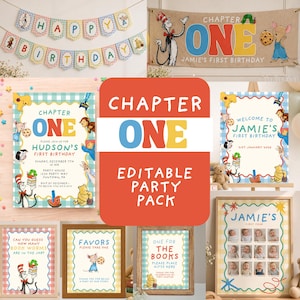 May include: A selection of birthday party decorations, including a banner reading "Happy Birthday", invitations, and signs. The theme incorporates characters from children's books and the text "Chapter One".