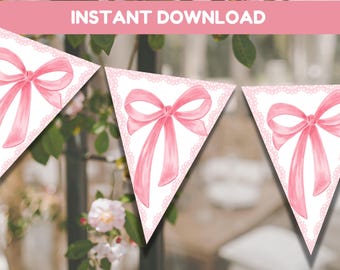 Pink Bow Bunting: Coquette Party Banner, Ballet Birthday (PDF Downloadable Flags)