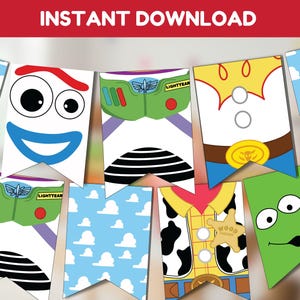 May include: A banner set featuring character designs from a popular animated film. The designs include a smiling face, Buzz Lightyear's uniform, Woody's outfit, and a green alien. The text "INSTANT DOWNLOAD" is at the top.