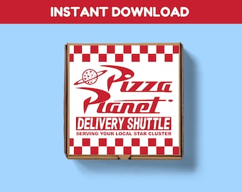 May include: A brown pizza box with a red and white checkered border and the words "Pizza Planet" in red. The box also features the text "Delivery Shuttle" and "Serving Your Local Star Cluster."