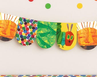 May include: A colorful banner featuring illustrations of a sun, a caterpillar, and various patterns. The banner is made of paper and is decorated with bright colors, including yellow, green, red, and blue. The banner is perfect for a children's party or nursery.