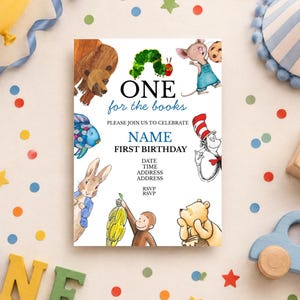 一生の思い出に残る1歳の誕生日招待状｜絵本テーマ、編集可能なCanvaテンプレート（デジタルダウンロード）