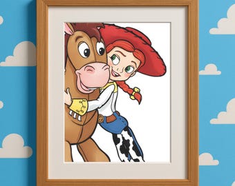 Toy Story Jessie & Bullseye-poster: Vintage Retro barnrumsdekor (digital nedladdning i PNG)