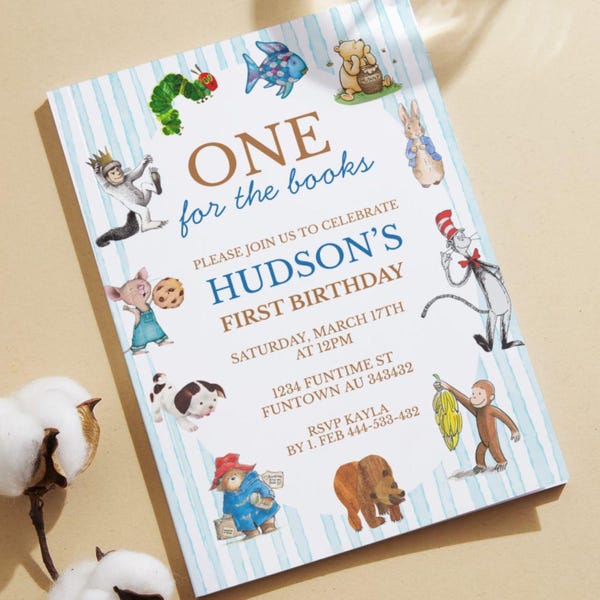Un pour les livres Modèle d'invitation d'anniversaire de livre de contes | Thème du livre classique pour enfants (téléchargement numérique) fichier modifiable