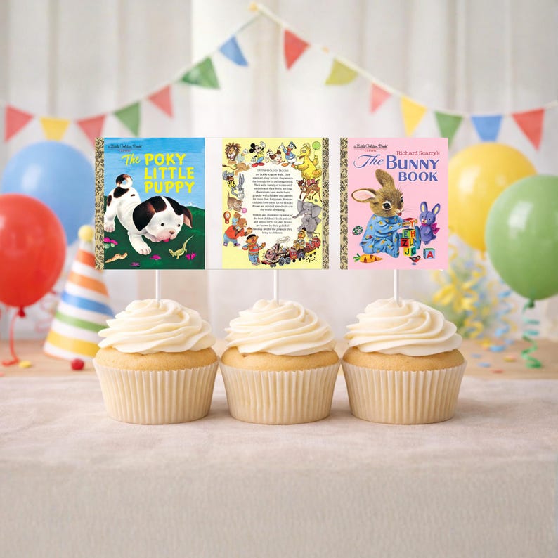 Miniatuur Little Golden Book-cupcaketoppers | 16 afdrukbare boekomslagen | Opvouwbare voor- en achteromslagen | 1,7 x 2" digitale doe-download afbeelding 1