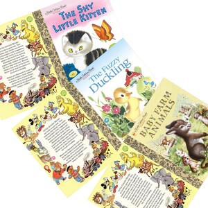 Op de afbeelding: Een verzameling vintage Little Golden Books, waaronder "The Shy Little Kitten", "The Fuzzy Duckling" en "Baby Farm Animals". De covers tonen kleurrijke illustraties van dieren en personages, met tekst in een klassiek lettertype.