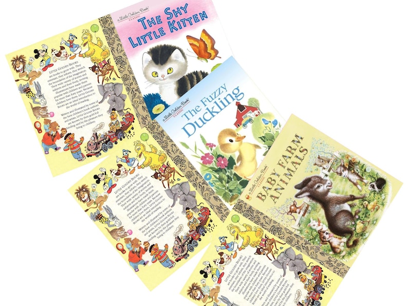 Op de afbeelding: Een verzameling vintage Little Golden Books, waaronder "The Shy Little Kitten", "The Fuzzy Duckling" en "Baby Farm Animals". De covers tonen kleurrijke illustraties van dieren en personages, met tekst in een klassiek lettertype.