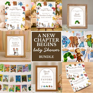 May include: A baby shower bundle featuring storybook-themed stationery, signs, and decorations. Items include invitations, raffle cards, and signs with illustrations of classic children's book characters, all set against a light beige gingham pattern.