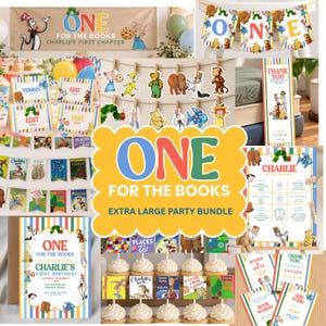 以下が含まれることがあります： 絵本のキャラクターのイラストが描かれたパーティーデコレーションセット。ONE FOR THE BOOKSと書かれたバナー、カップケーキトッパー、サンキューカード、カラフルなストライプ柄の記念ボードなどが含まれています。