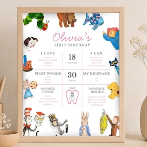 Puede incluir: Un cartel enmarcado para un primer cumpleaños, con el nombre "Olivia" en escritura rosa. El cartel incluye ilustraciones de personajes de libros de cuentos, y detalles sobre los gustos del niño, sus primeras palabras y medidas: 8 kg y 76 cm.