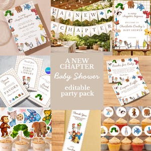 Paquete para baby shower "Un nuevo capítulo", baby shower con temática de cuento de hadas, invitación editable en Canva, libros para bebés, rifa de pañales, guirnalda decorativa.