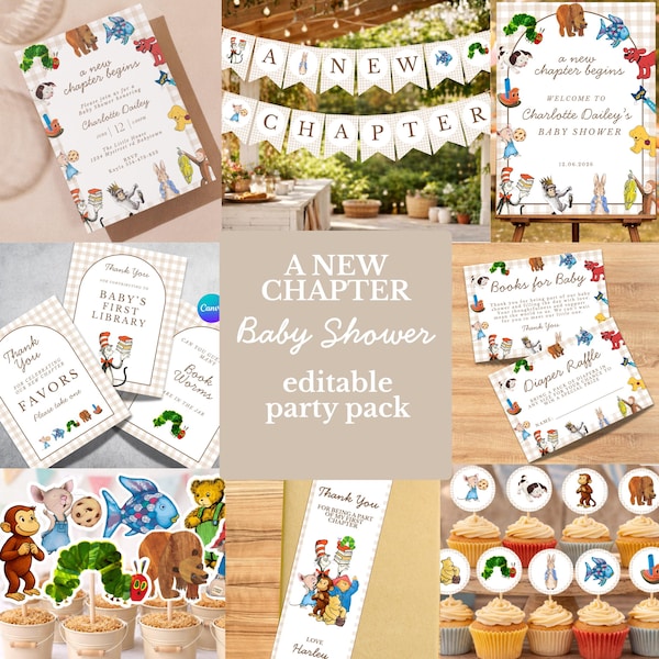 A New Chapter Baby Shower Bundle, Storybook Baby Shower, Editable Canva Invite, Books for Baby, Diaper Raffle, Bunting Banner