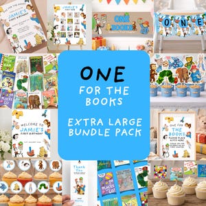 May include: A collection of children's party supplies with a "One for the Books" theme. The image shows books, banners, cupcakes, and invitations. The text includes "Jamie's First Birthday" and "Extra Large Bundle Pack".