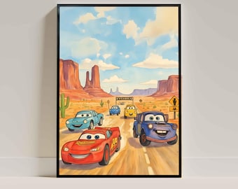 Póster de la película "Coches clásicos": Arte de acuarela de Pixar (descarga digital PNG)