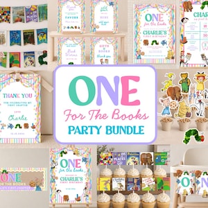 May include: A party decoration bundle featuring storybook-themed illustrations, including banners, signs, and cupcake toppers with text such as ONE For The Books, Charlie's First Birthday, and Thank You, decorated with colorful pastel borders.