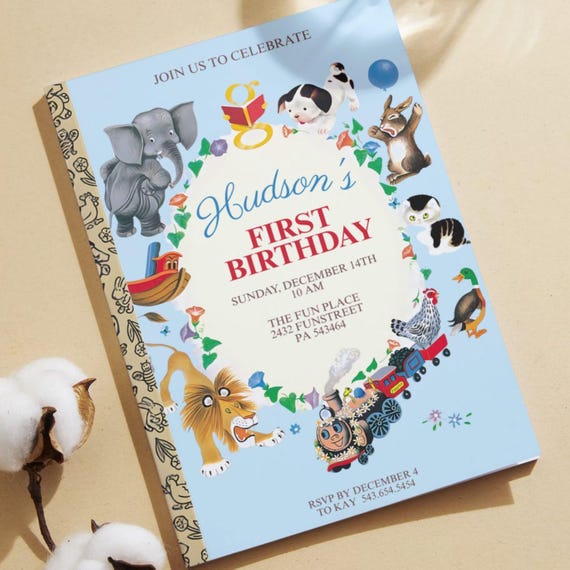 Editable Little Golden Book Invitation Blue | Storybook Birthday | Canva Template | Instant Download | Printable Invite