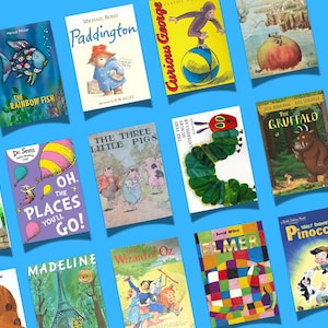 May include: A collection of colorful children's books with various titles, including "The Rainbow Fish," "Paddington," "Curious George," and "The Very Hungry Caterpillar." The books are arranged on a blue background.
