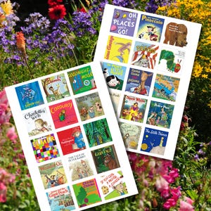 May include: Two sheets of children's book covers, including titles like "Oh, The Places You'll Go!", "Pinocchio", "Bambi", "Corduroy", and "The Very Hungry Caterpillar". The covers are colorful and feature illustrations.