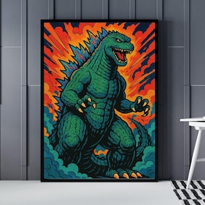 Puede incluir: Una impresión artística enmarcada que presenta una ilustración estilizada de Godzilla. La obra de arte representa al monstruo en tonos verdes, con un fondo ardiente naranja y rojo. La impresión está enmarcada en negro.