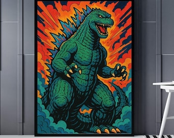 Godzilla Comic Poster | Retro Kaiju Wall Art | Vintage Japanese Monster Design | A1 A2 A3 A4 PNG | Instant Download | Party & Home Decor
