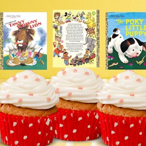 Op de afbeelding: Drie cupcakes met witte glazuur en roze sprinkles in rode stippenbekers. Achter hen staan drie vintage kinderboeken: "Tawny Scrawny Lion", een boek met illustraties van verschillende personages en "The Poky Little Puppy."