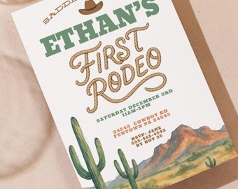 May include: A rodeo-themed invitation with the text "Ethan's First Rodeo" in green and rope-style lettering. The design includes a cowboy hat, cacti, and a watercolor desert landscape. The invitation also includes event details.