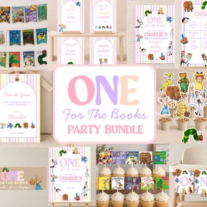 May include: A children's book-themed party bundle featuring pastel striped signage, a 'One for the Books' banner, character cupcake toppers, a milestone poster, and thank you tags. The set includes illustrations of classic storybook characters.