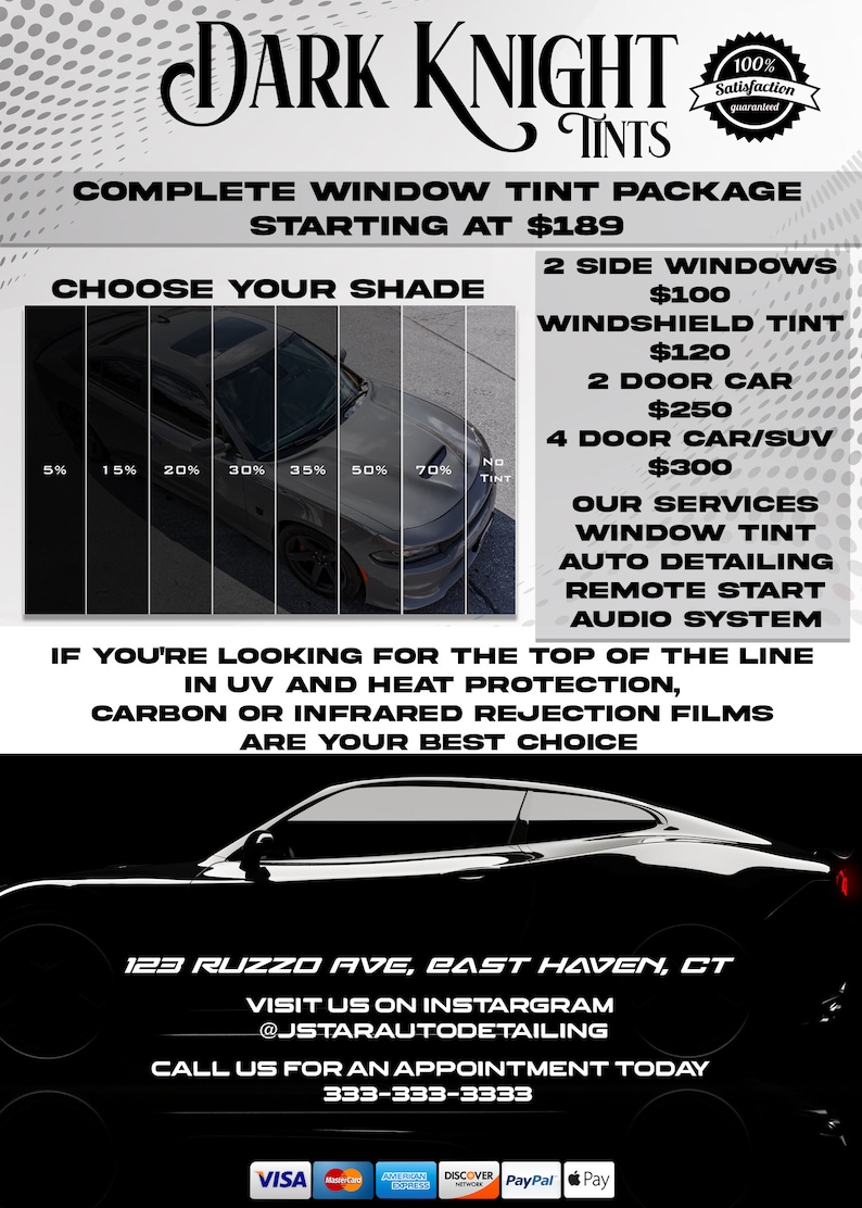 Peut inclure: Une publicit&eacute; en noir et blanc pour Dark Knight Tints, un service de teinture de vitres. La publicit&eacute; pr&eacute;sente une voiture noire avec diff&eacute;rents niveaux de teinte de vitres, allant de 5% &agrave; 70%. La publicit&eacute; pr&eacute;sente &eacute;galement les prix de diff&eacute;rents forfaits de teinture de vitres, notamment 2 vitres lat&eacute;rales, teinte de pare-brise, voiture 2 portes et voiture 4 portes/SUV. La publicit&eacute; mentionne &eacute;galement qu'ils offrent d'autres services, tels que le d&eacute;tail automobile, le d&eacute;marrage &agrave; distance et les syst&egrave;mes audio. La publicit&eacute; comprend un num&eacute;ro de t&eacute;l&eacute;phone et une adresse de site Web pour l'entreprise.