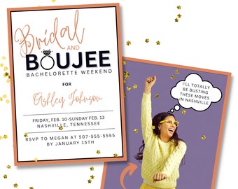 May include: Bridal and Boujee bachelorette weekend invitation with a photo of a woman in a yellow sweater and jeans, with a thought bubble saying "I'll totally be busting these moves in Nashville".
