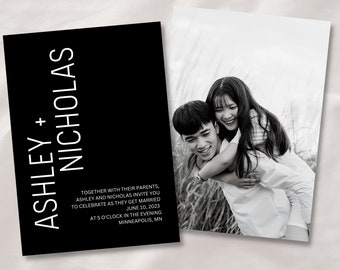 Invito di matrimonio moderno minimalista in bianco e nero, invito fotografico, modello canva modificabile e personalizzabile