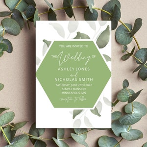 Modern Greenery Wedding Invitation Template Download, Editable Invitation