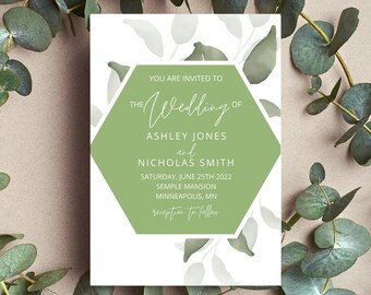 Modern Greenery Wedding Invitation Template Download, Editable Invitation