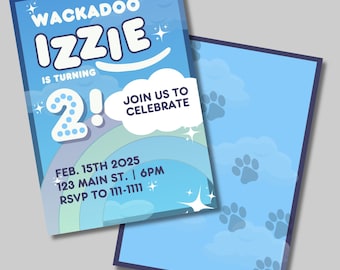 Plantilla de Canva para invitación de perro azul Plantilla de invitación para fiesta de cumpleaños infantil