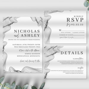 Modern Minimalist Wedding Invitation Template Download, Editable Invitation Set, Waves