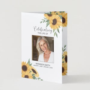 Editable Yellow Sunflower Funeral Program Canva Template Celebrating the Life of Celebration of Life Bifold Funeral Program CL03