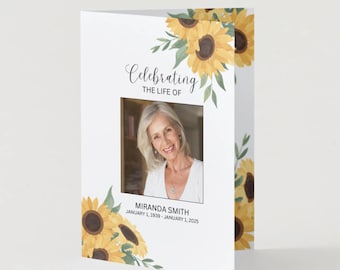 Editable Yellow Sunflower Funeral Program Canva Template Celebrating the Life of Celebration of Life Bifold Funeral Program CL03