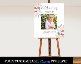 Blush Floral Celebration of Life Welcome Sign, Memorial Sign (Canva Template)