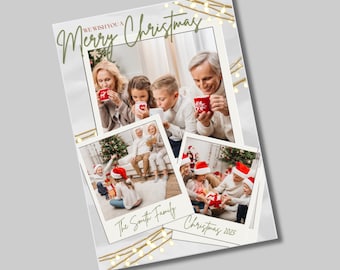 May include: A Christmas card with a white background and gold string lights. The card features a collage of photos of a family, with the text "We wish you a Merry Christmas" and "The Smith Family Christmas 2025".