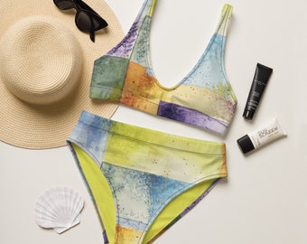 Recycled High Waisted Bikini / Abstract Summer/ Flattering high waisted two-piece swimsuit for all figures!
