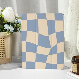 Blue and White Checkered iPad Case with Apple Pencil Holder, For iPad 9/8, iPad Mini 5/6, iPad Pro 12.9inch, iPad Air 4/5th, iPad 2019-2022