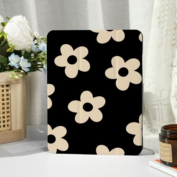 Schwarze Blumen iPad Hülle mit Apple Pencil Halter, für iPad 9/8, iPad Mini 5/6, iPad Pro 12.9inch, iPad Air 4/5th, iPad 2019-2022