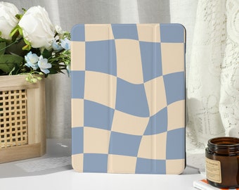 Blue and White Checkered iPad Case with Apple Pencil Holder, For iPad 9/8, iPad Mini 5/6, iPad Pro 12.9inch, iPad Air 4/5th, iPad 2019-2022