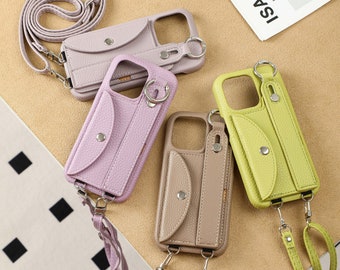 Personalised Leather Wallet Phone Case with Long Strap, Personalized Crossbody Phone Case, Leather Phone Case for iPhone 15Pro, iPhone 14 13