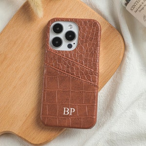 Monogram Engraved Leather Phone Case, Personalized Leather Phone Case, iPhone 15 Pro Max, 14 Plus, 13 12pro, Custom Initials Phone Case