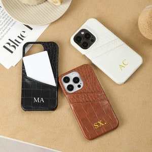 Monogram Engraved Leather Phone Case, Personalized Leather Phone Case, iPhone 15 Pro Max, 14 Plus, 13 12pro, Custom Initials Phone Case